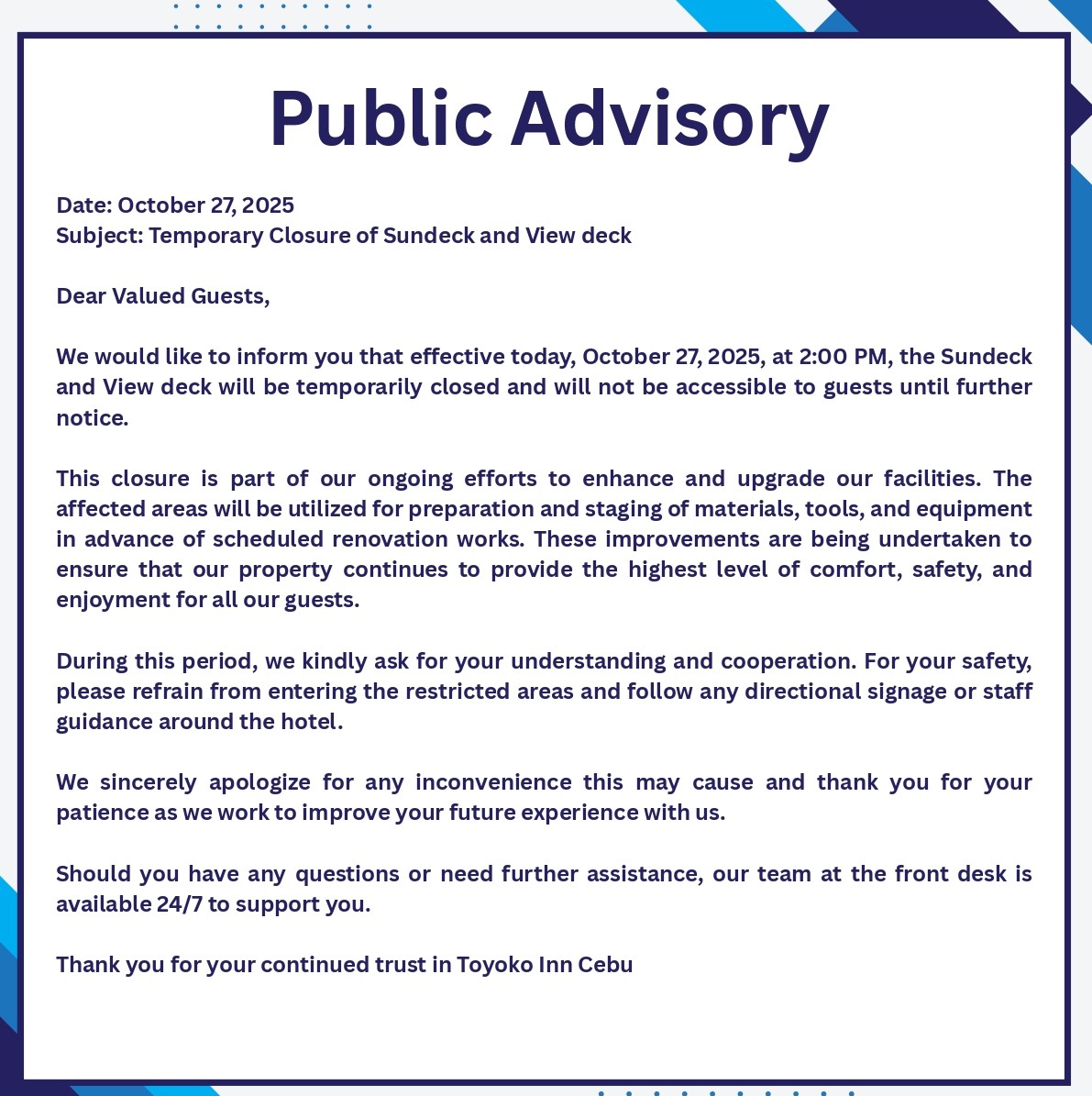 改修工事に伴うサンデッキの一時閉鎖